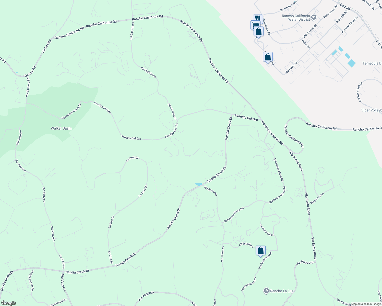 map of restaurants, bars, coffee shops, grocery stores, and more near 26700 Avenida Del Oro in Temecula