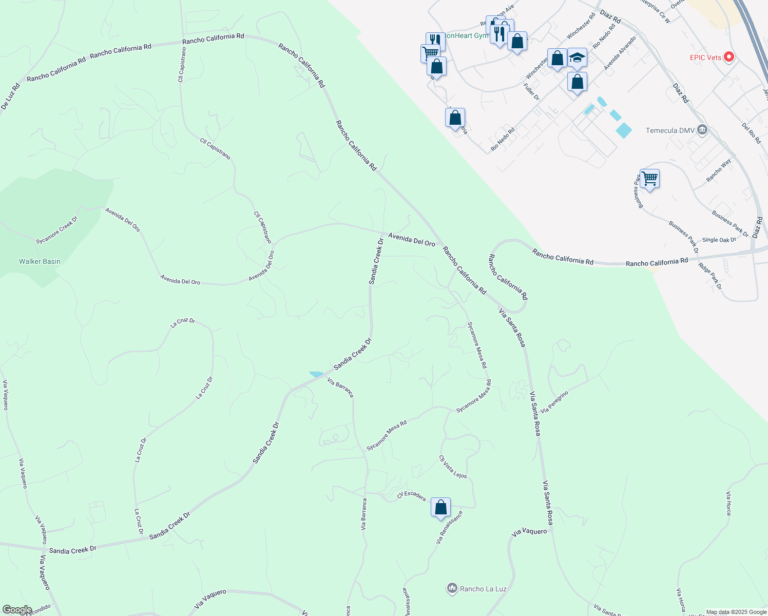 map of restaurants, bars, coffee shops, grocery stores, and more near Sandia Creek Drive in Temecula