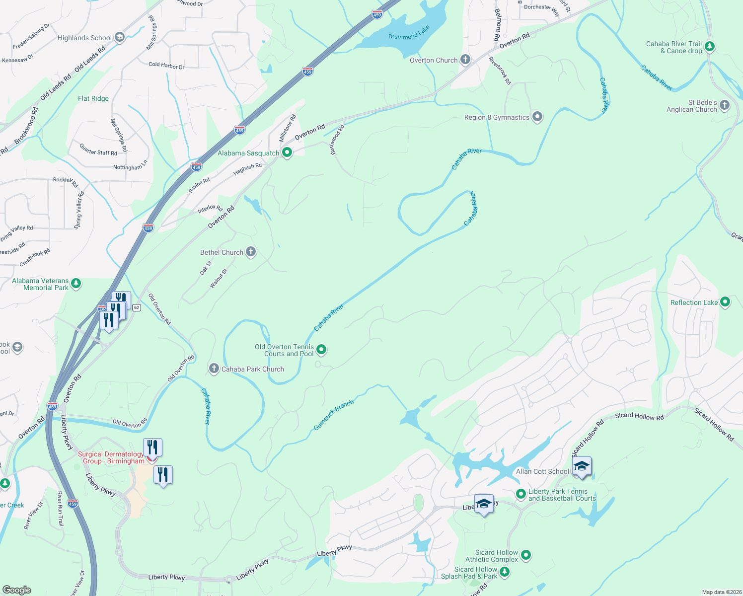 map of restaurants, bars, coffee shops, grocery stores, and more near 5136 Clubridge Drive East in Vestavia Hills
