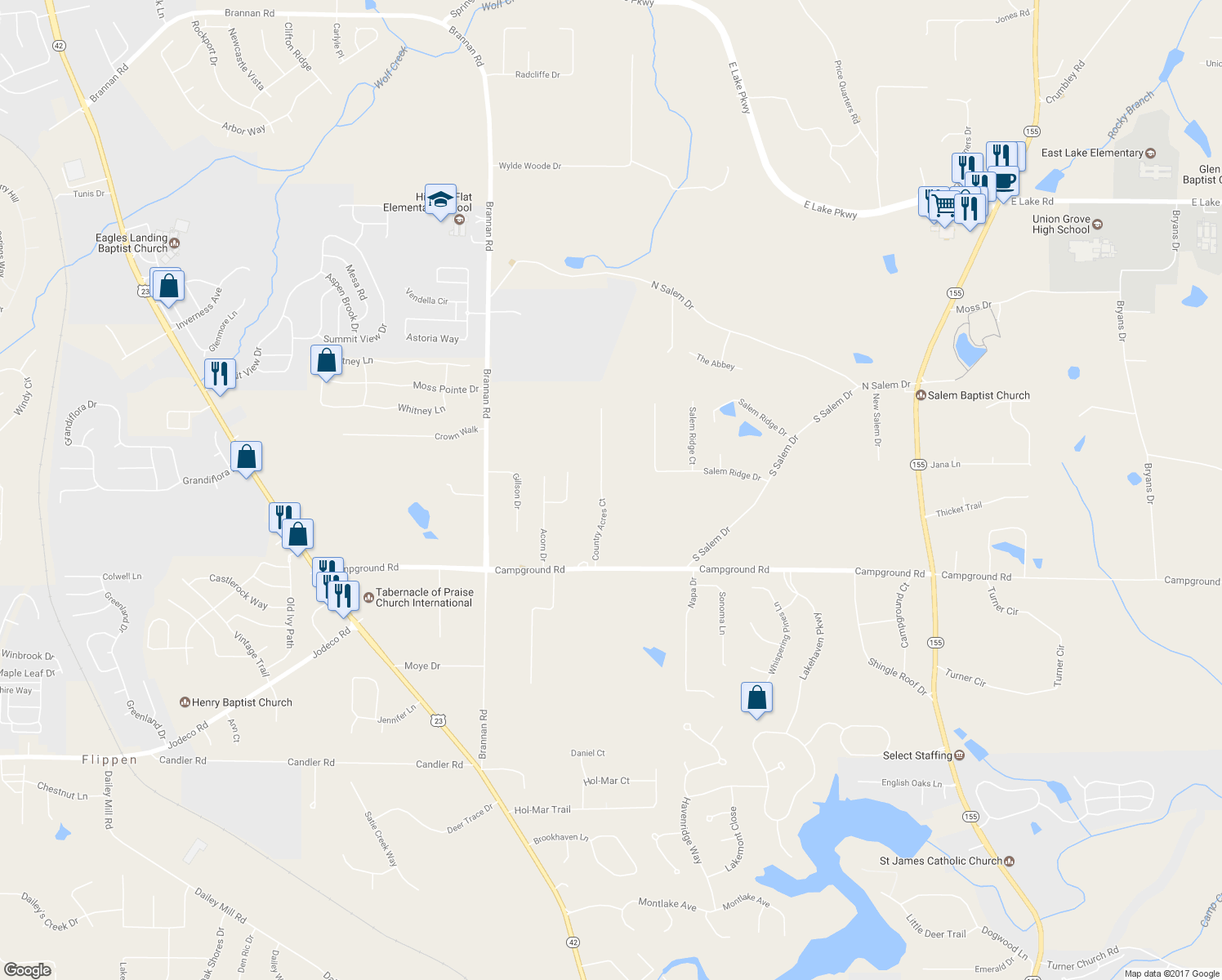 map of restaurants, bars, coffee shops, grocery stores, and more near 110 Country Acres Court in McDonough