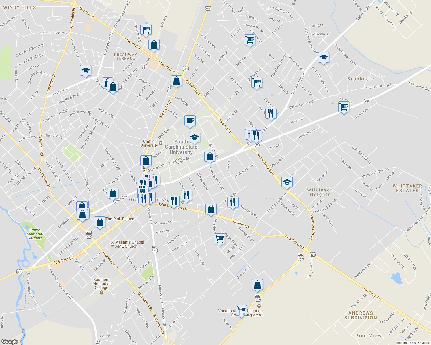 map of restaurants, bars, coffee shops, grocery stores, and more near 1205 Lancaster Street Southeast in Orangeburg
