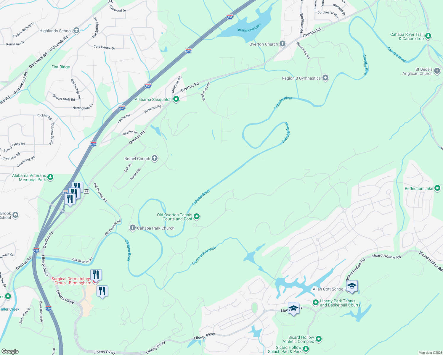 map of restaurants, bars, coffee shops, grocery stores, and more near 5136 Clubridge Drive East in Vestavia Hills