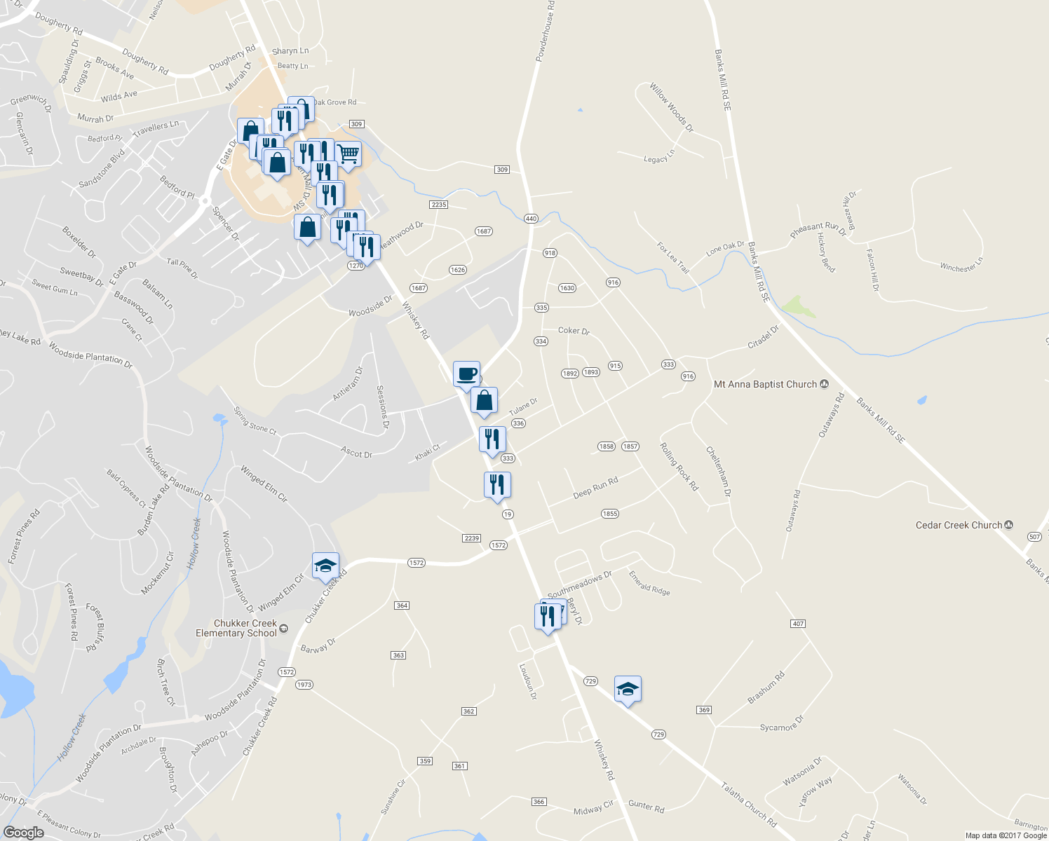 map of restaurants, bars, coffee shops, grocery stores, and more near 99 Erskine Lane in Aiken