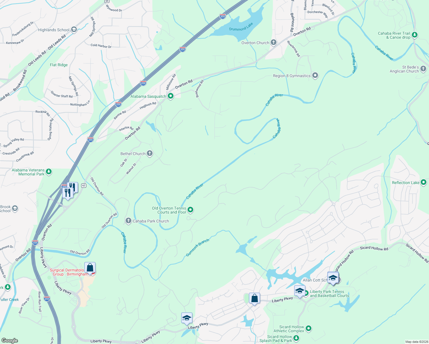 map of restaurants, bars, coffee shops, grocery stores, and more near 5136 Clubridge Drive East in Vestavia Hills
