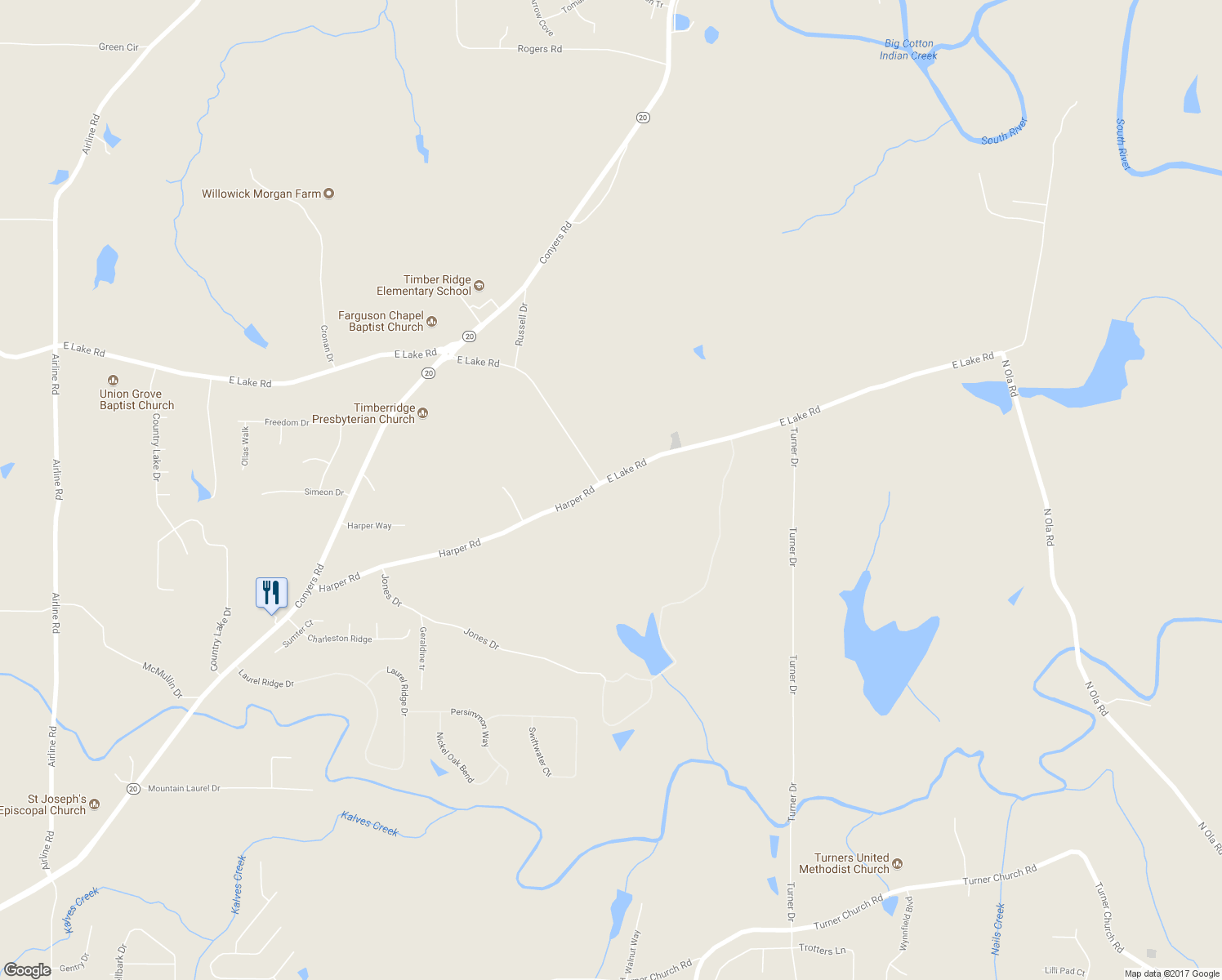 map of restaurants, bars, coffee shops, grocery stores, and more near 2200 East Lake Road in McDonough