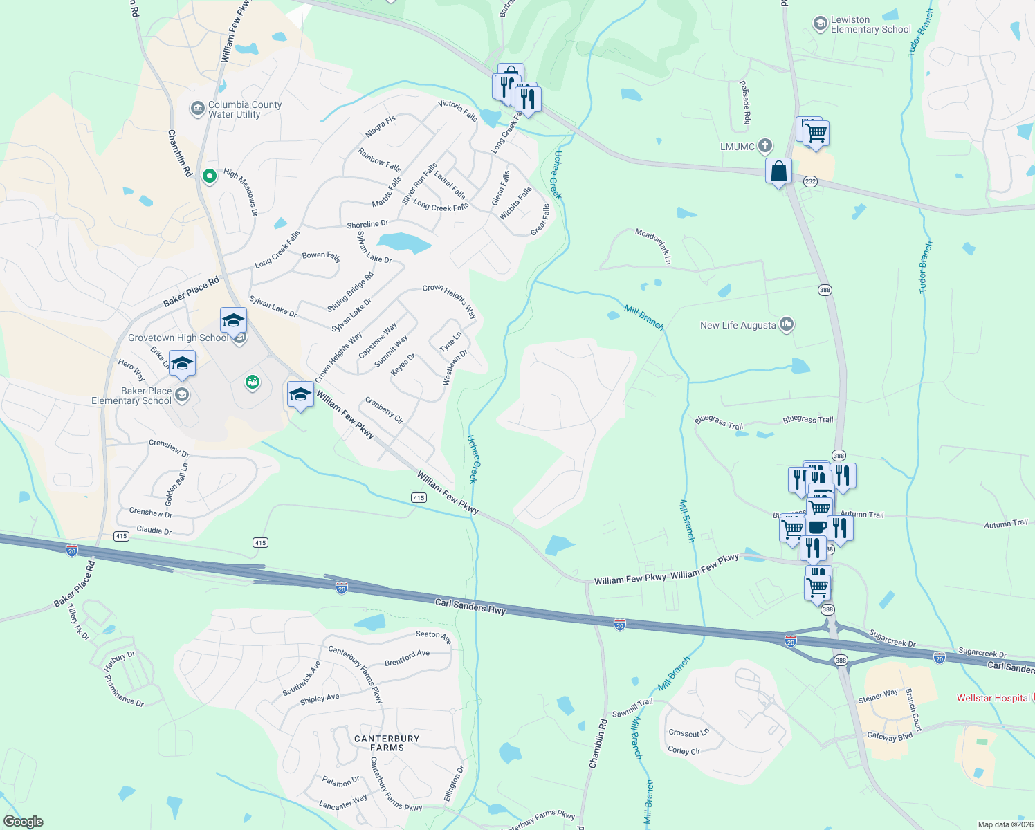 map of restaurants, bars, coffee shops, grocery stores, and more near 3806 Berkshire Way in Grovetown