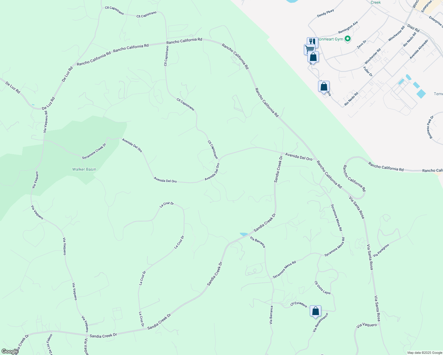 map of restaurants, bars, coffee shops, grocery stores, and more near 26545 Corte Empresa in Temecula