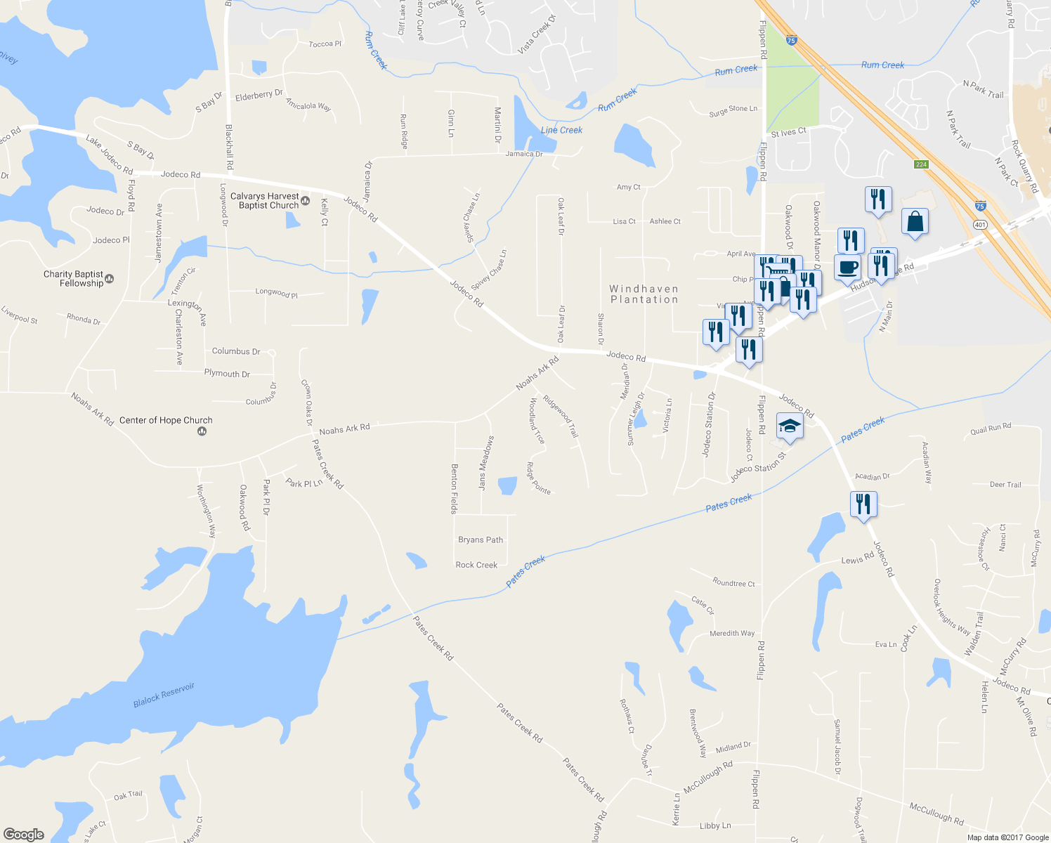 map of restaurants, bars, coffee shops, grocery stores, and more near 50 Woodland Trce in Stockbridge