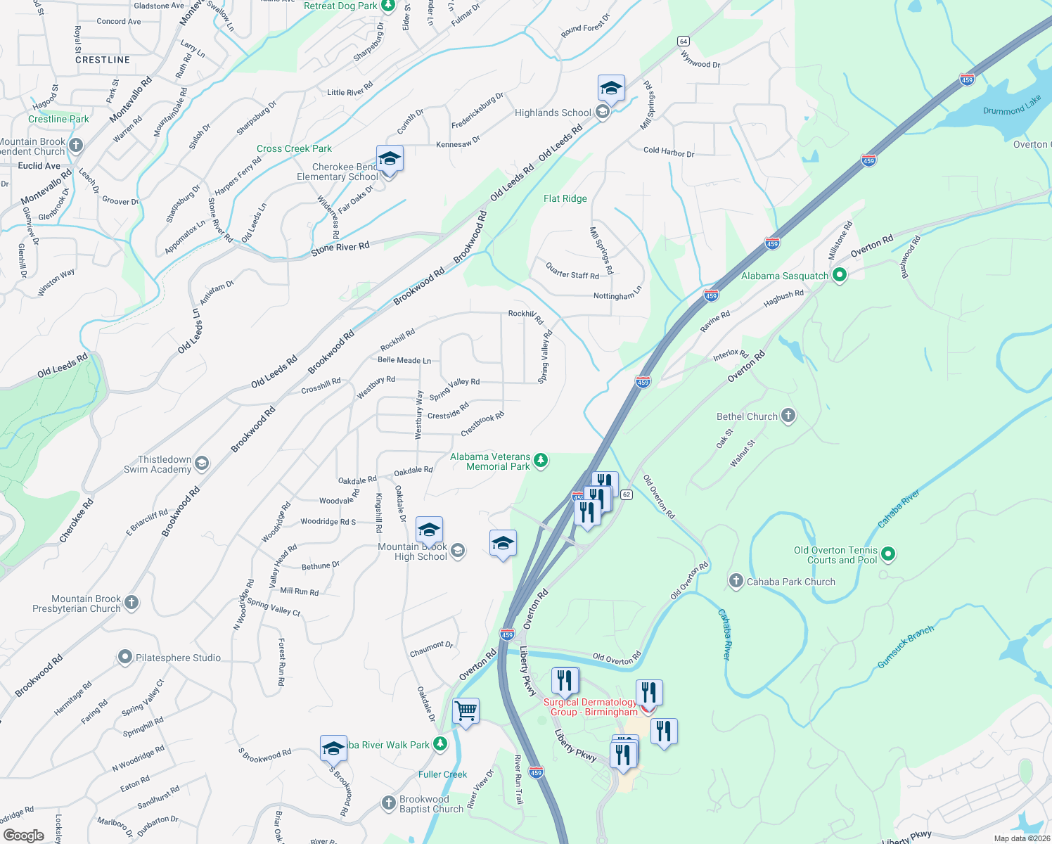 map of restaurants, bars, coffee shops, grocery stores, and more near 3773 Rockhill Road in Birmingham