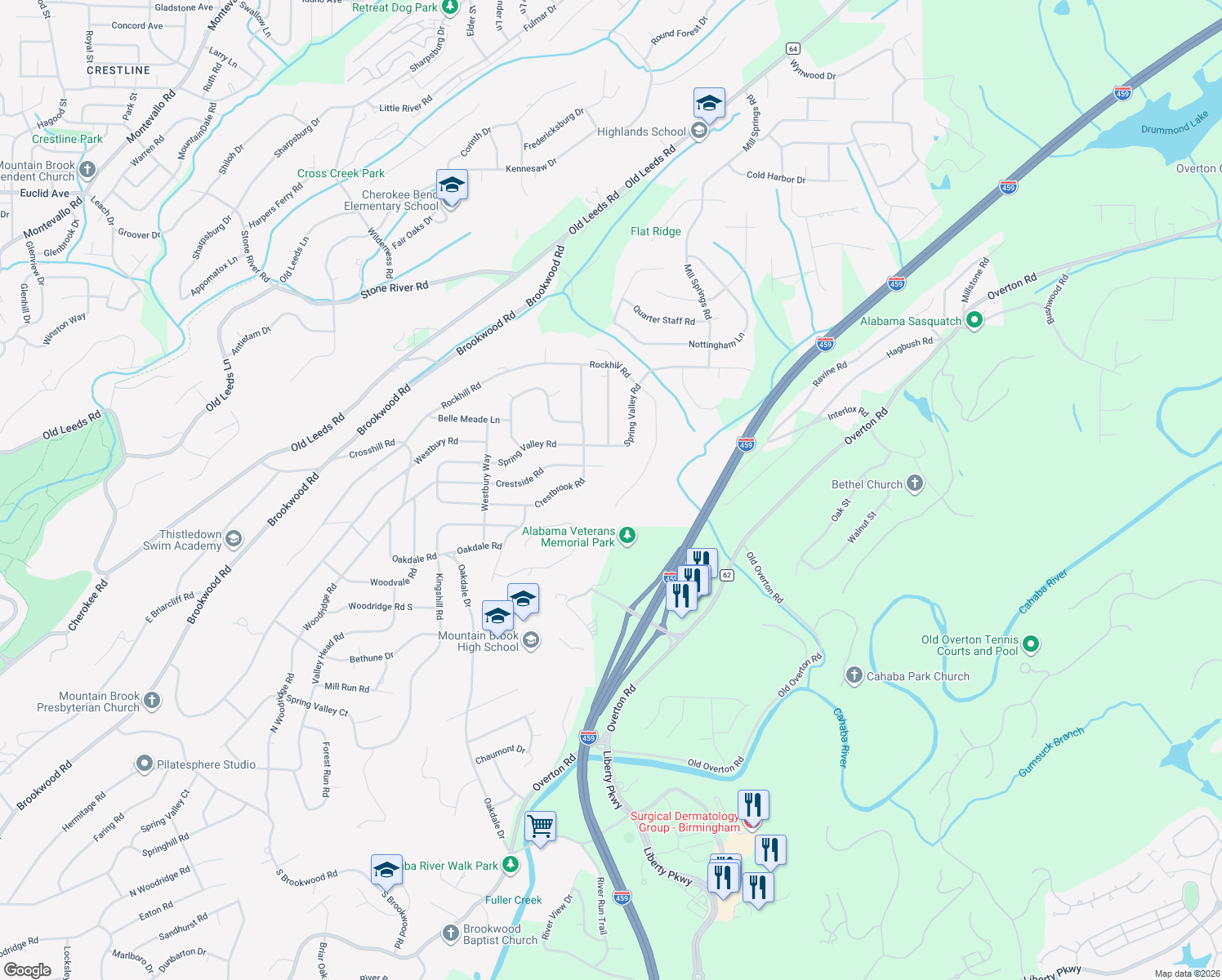 map of restaurants, bars, coffee shops, grocery stores, and more near 3773 Rockhill Road in Birmingham
