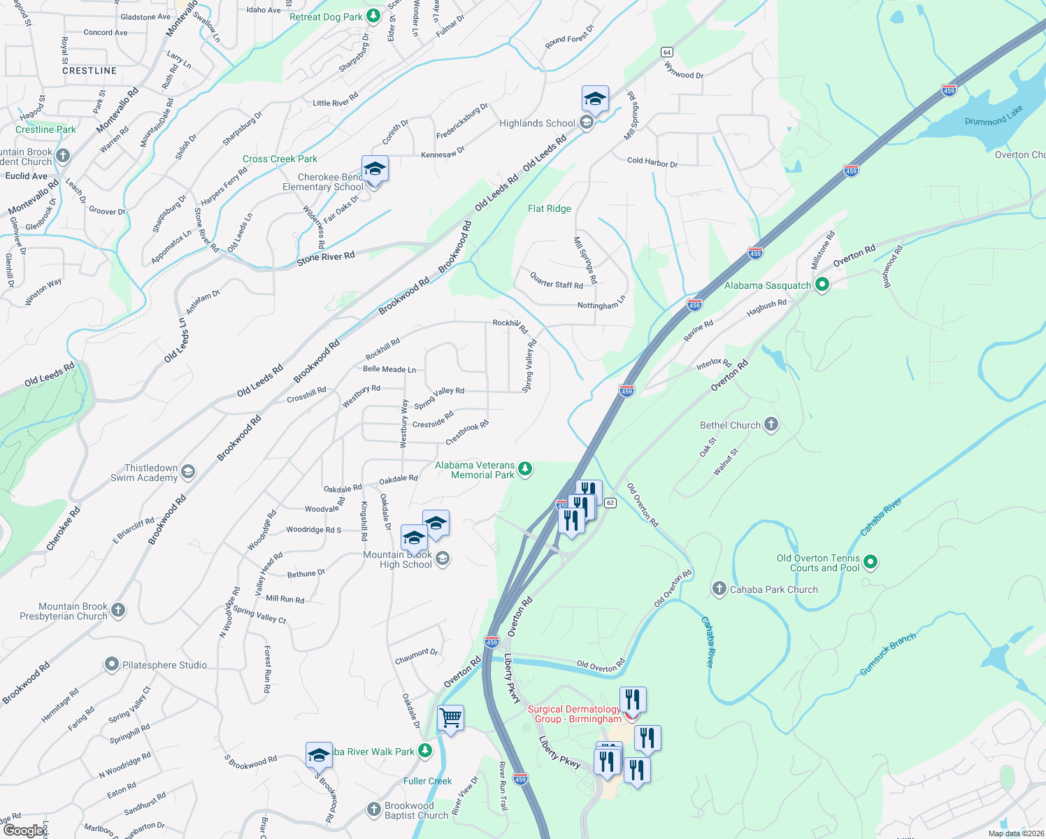 map of restaurants, bars, coffee shops, grocery stores, and more near 3773 Rockhill Road in Birmingham