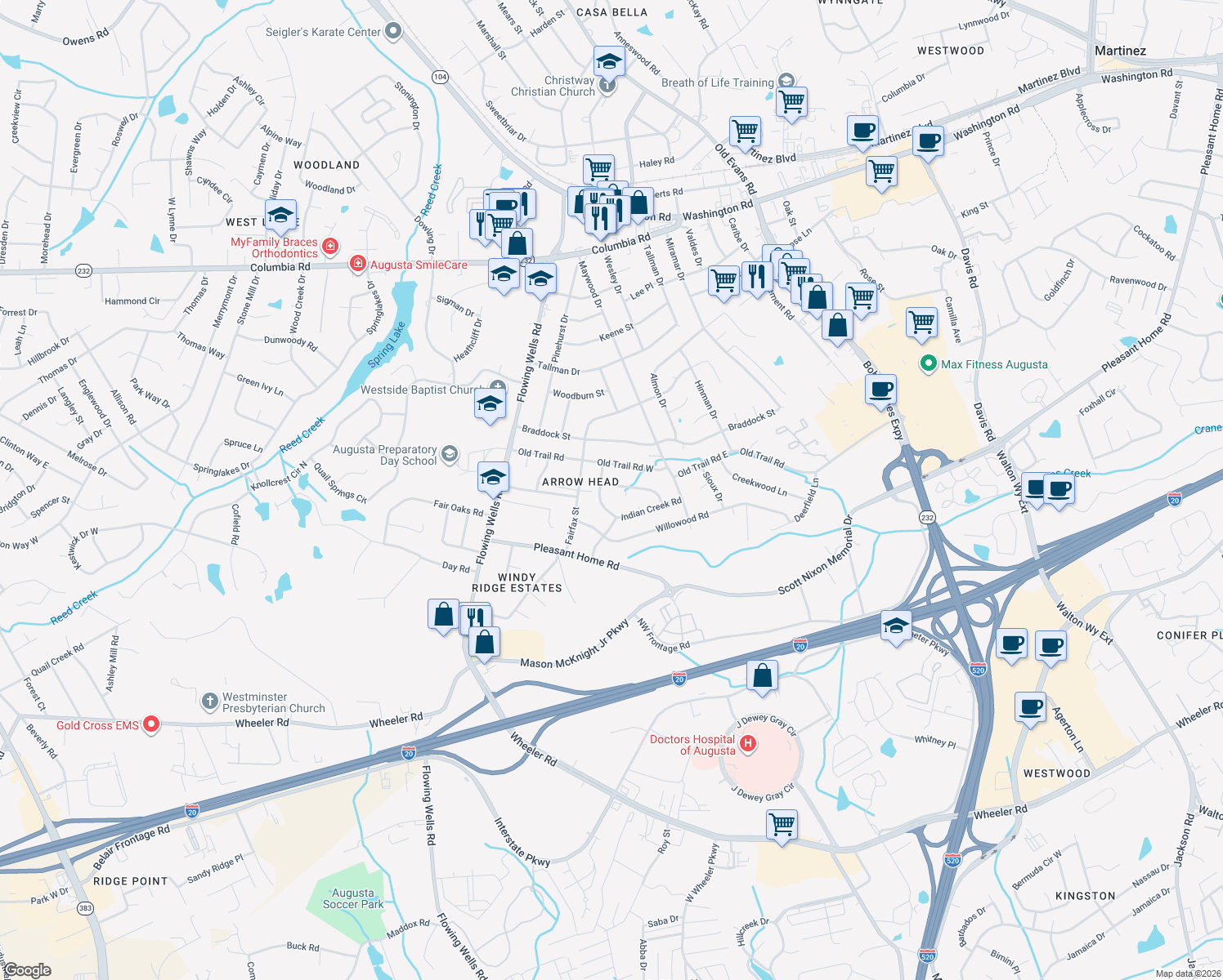 map of restaurants, bars, coffee shops, grocery stores, and more near 4060 Raintree Dr in Martinez
