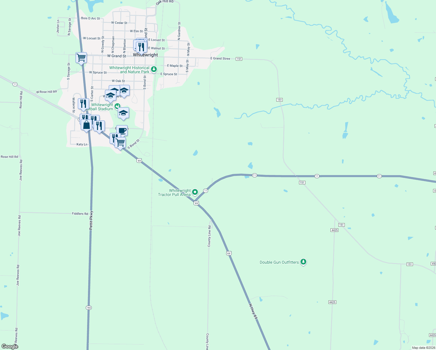 map of restaurants, bars, coffee shops, grocery stores, and more near 15188 Highway 11 in Whitewright