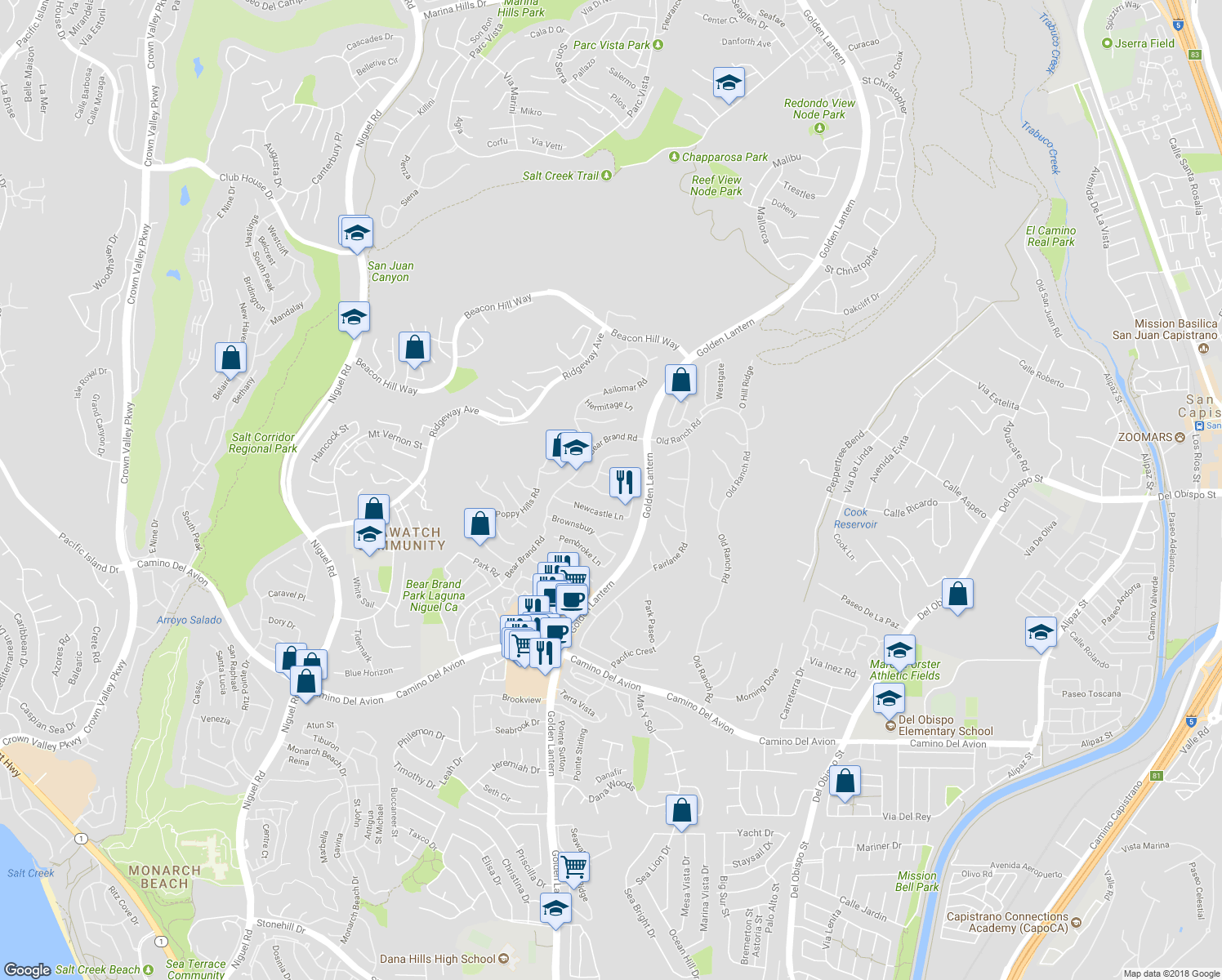 map of restaurants, bars, coffee shops, grocery stores, and more near 9 Gray Stone Way in Laguna Niguel