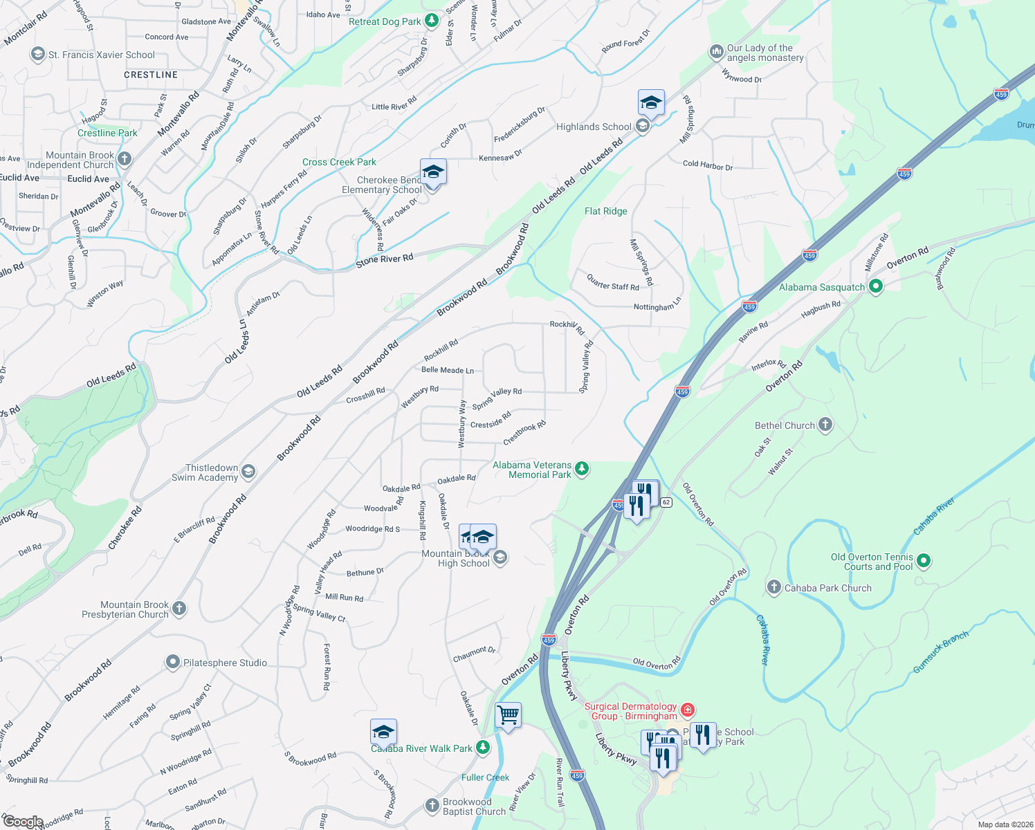 map of restaurants, bars, coffee shops, grocery stores, and more near 3653 Crestside Road in Birmingham