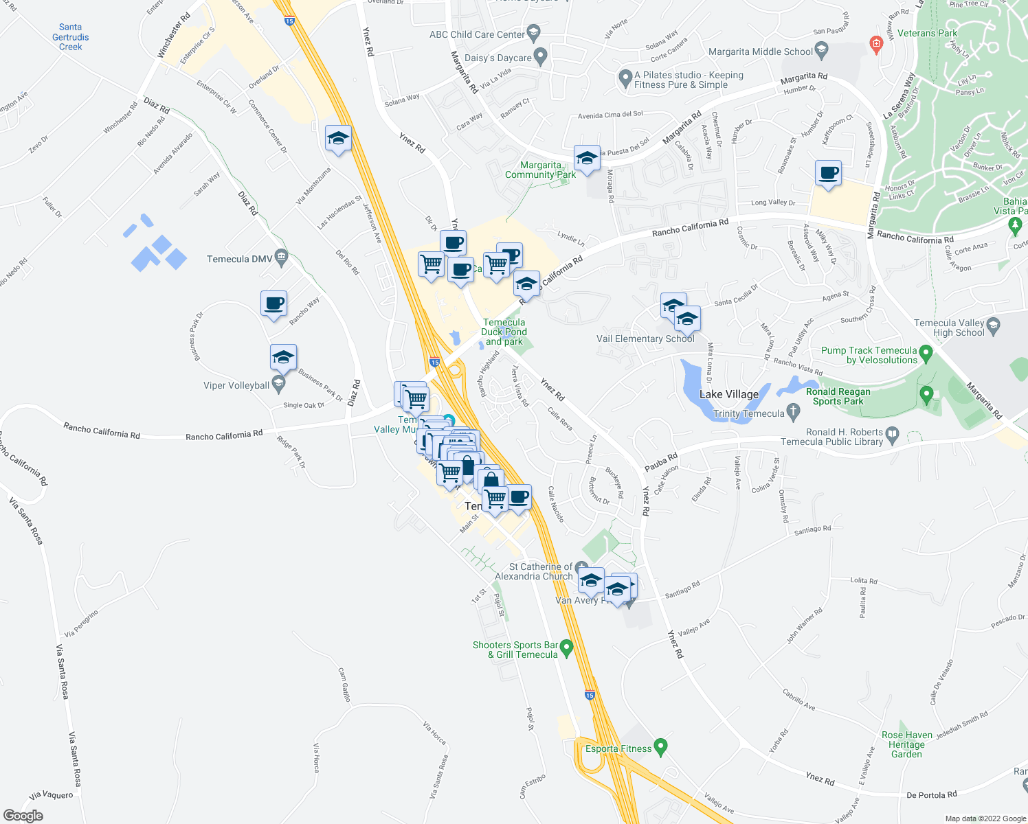 map of restaurants, bars, coffee shops, grocery stores, and more near 43038 Avenida Cielo in Temecula