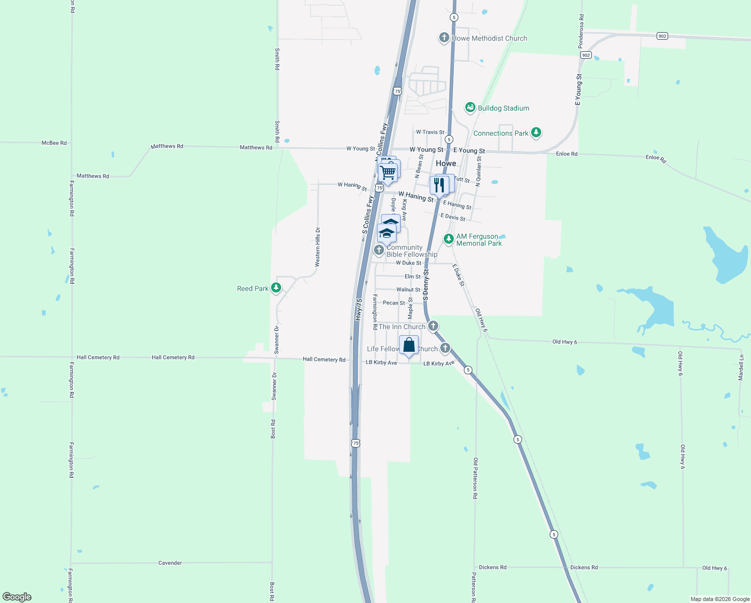 map of restaurants, bars, coffee shops, grocery stores, and more near 705 Farmington Road in Howe
