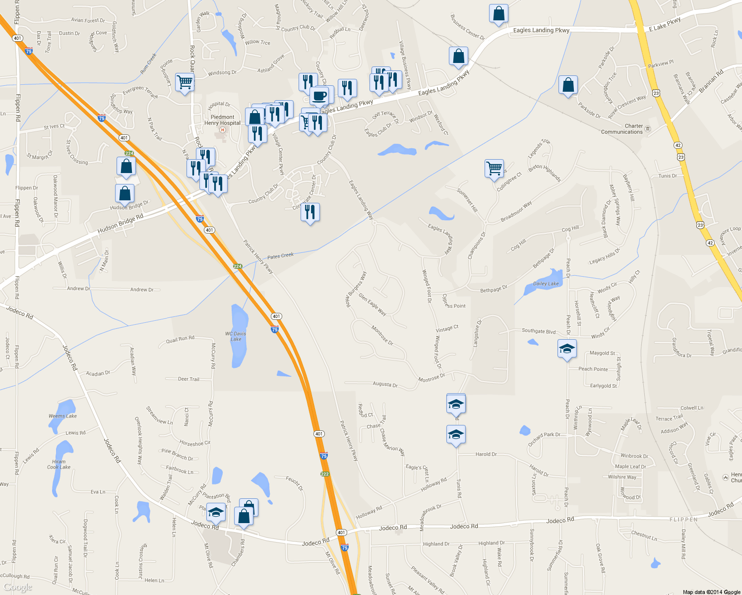 map of restaurants, bars, coffee shops, grocery stores, and more near 138 Glen Eagle Way in McDonough