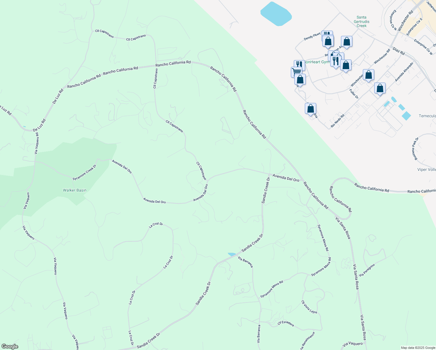 map of restaurants, bars, coffee shops, grocery stores, and more near Avenida Del Oro in Temecula