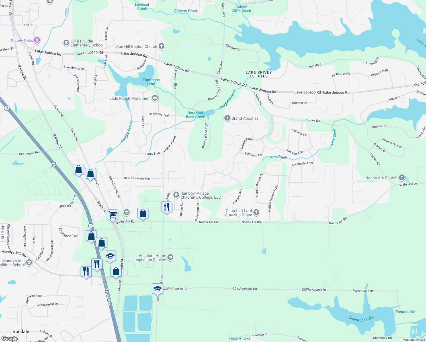 map of restaurants, bars, coffee shops, grocery stores, and more near 2066 Fairmont Run in Jonesboro