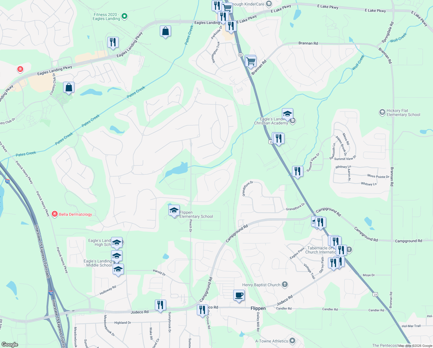 map of restaurants, bars, coffee shops, grocery stores, and more near 255 Windy Circle in McDonough