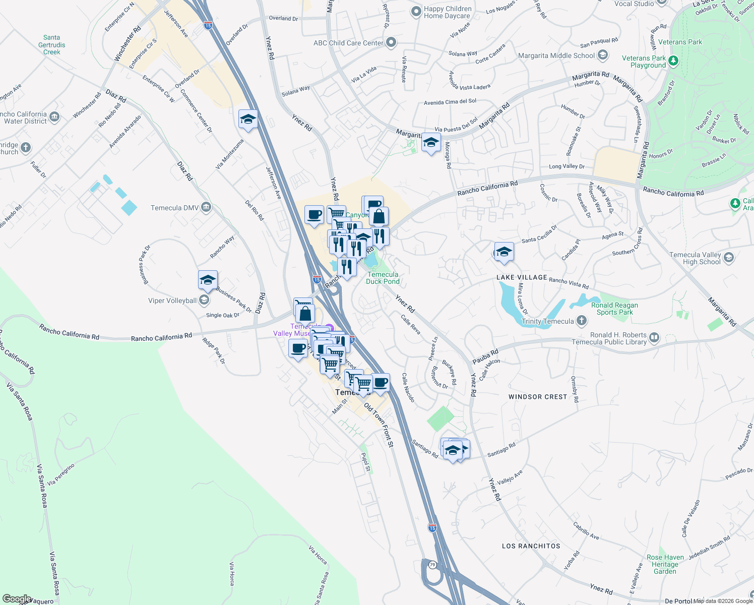 map of restaurants, bars, coffee shops, grocery stores, and more near 27932 Corte Melosa in Temecula