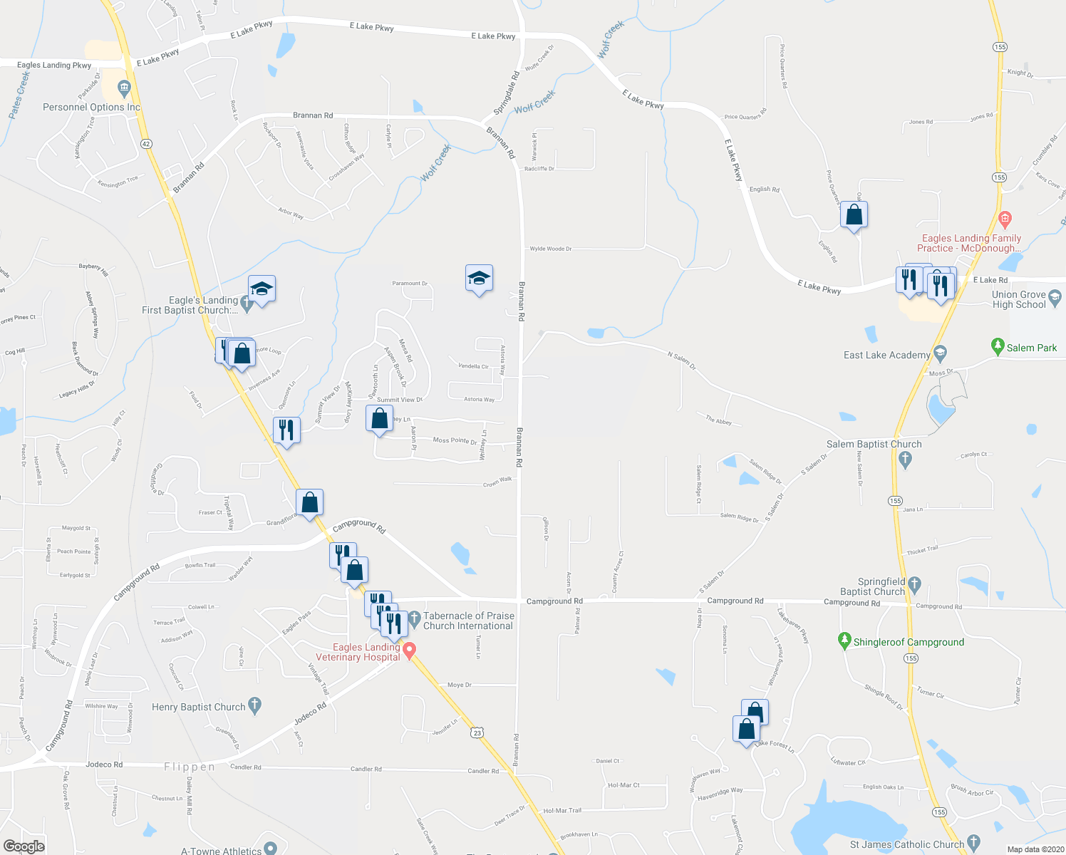map of restaurants, bars, coffee shops, grocery stores, and more near 618 Brannan Road in McDonough