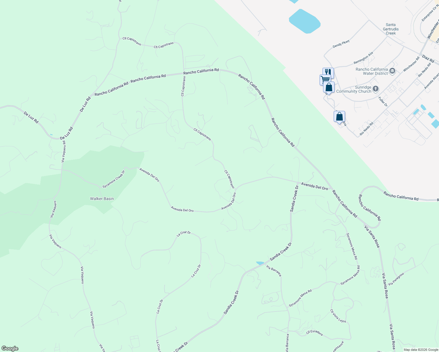 map of restaurants, bars, coffee shops, grocery stores, and more near 26296 Calle Carrizo in Temecula