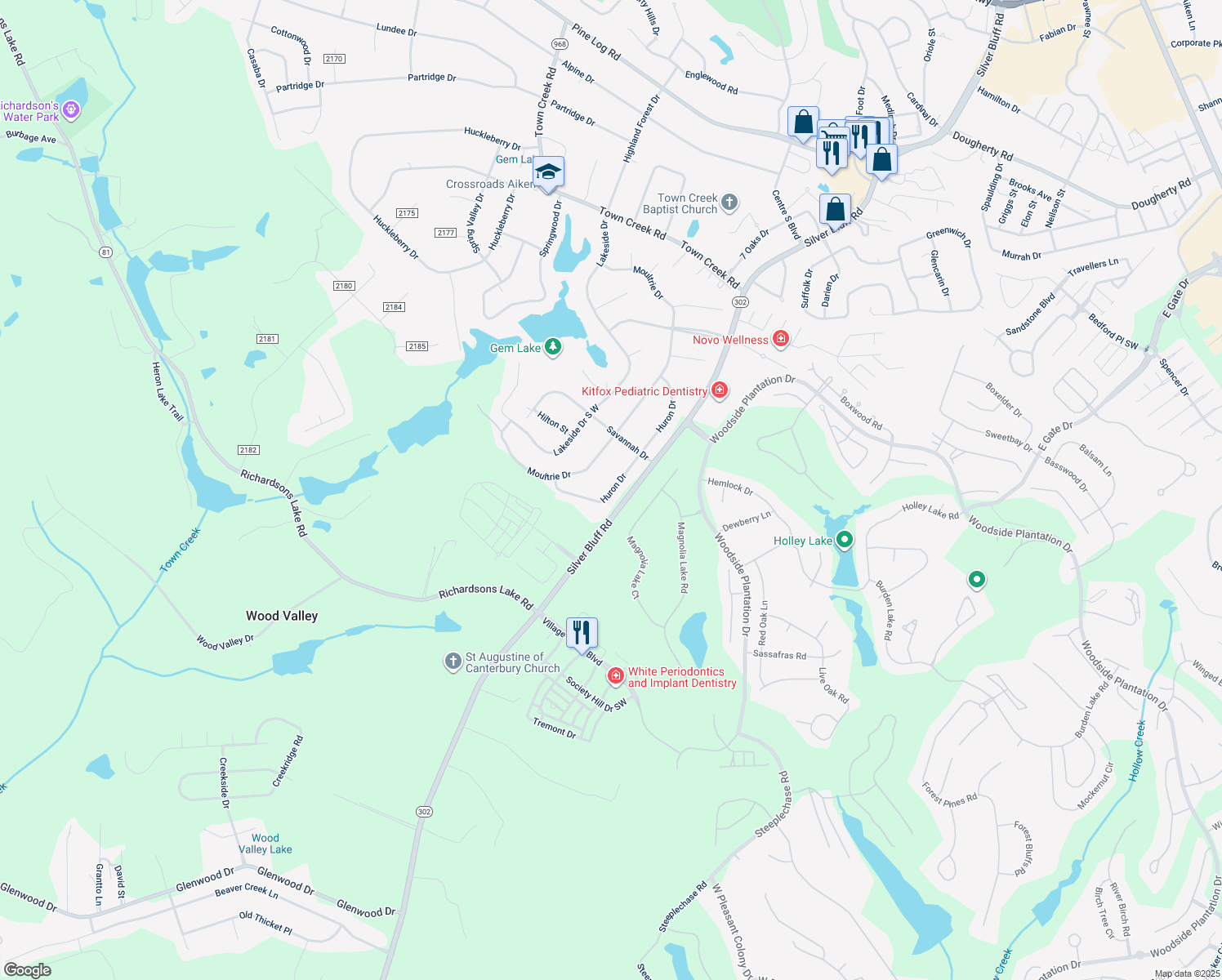 map of restaurants, bars, coffee shops, grocery stores, and more near 2031 Huron Drive in Aiken