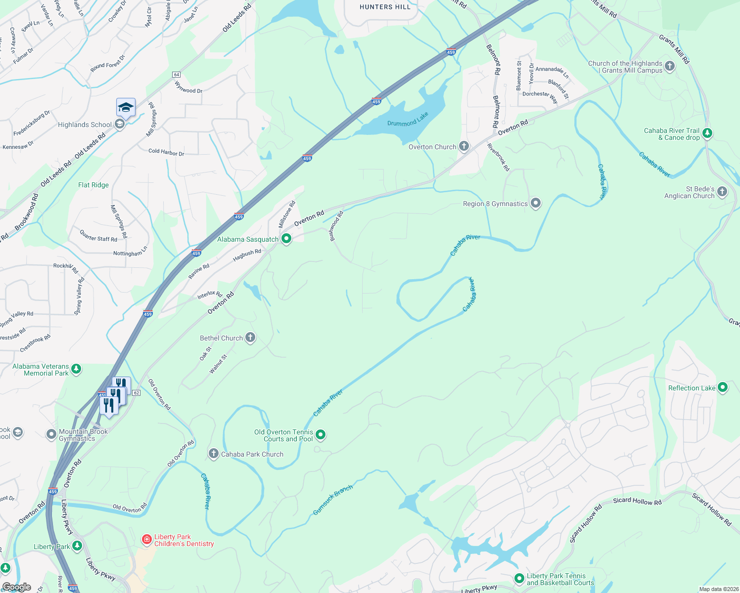 map of restaurants, bars, coffee shops, grocery stores, and more near 4309 Palisades Road in Irondale