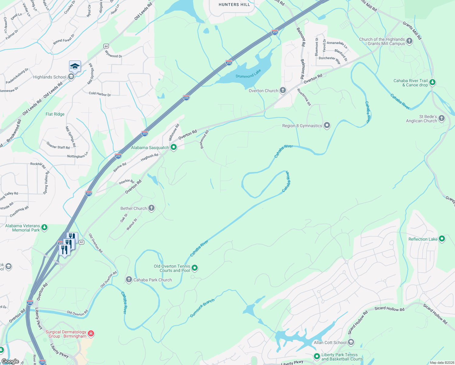 map of restaurants, bars, coffee shops, grocery stores, and more near 4309 Palisades Road in Irondale