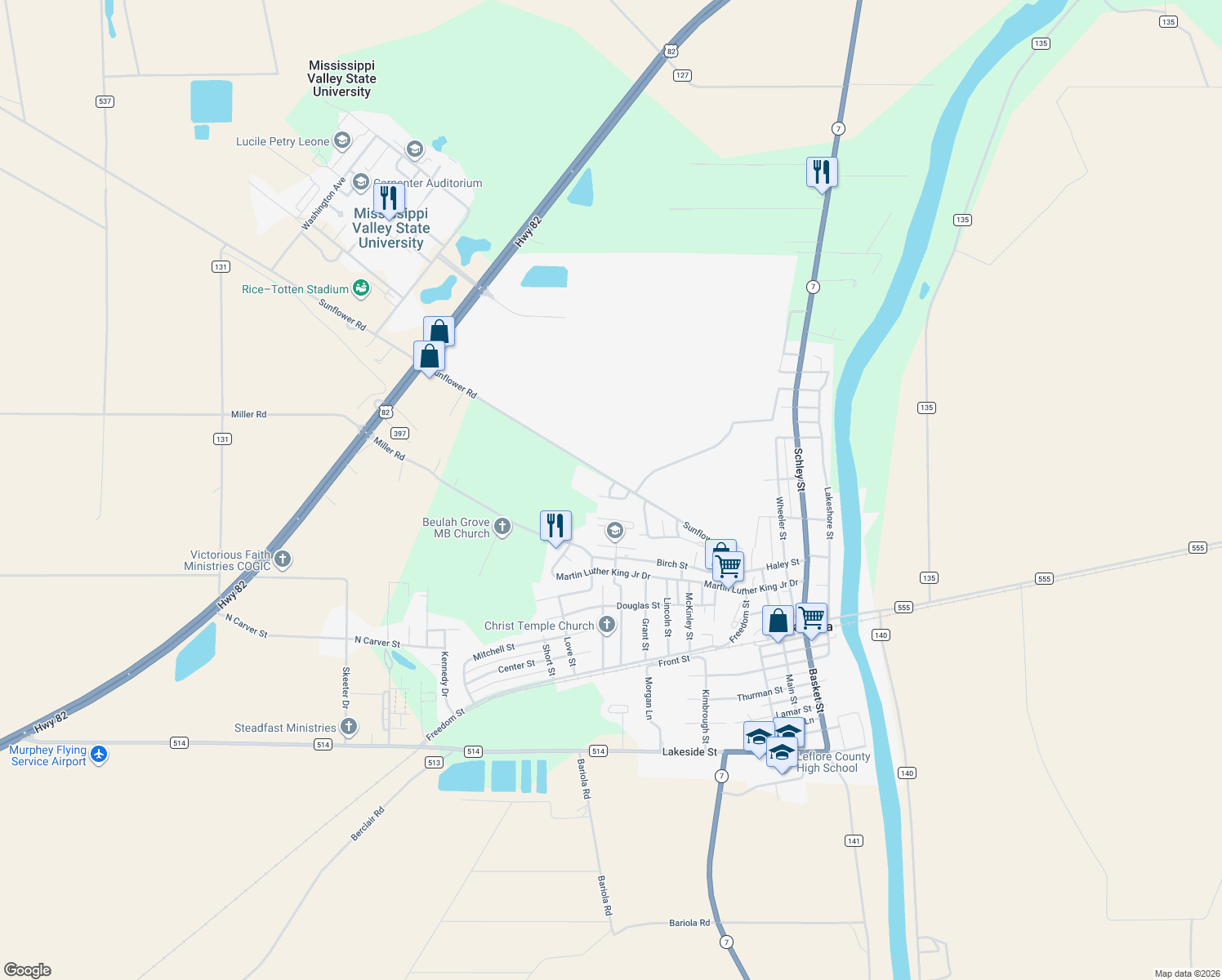 map of restaurants, bars, coffee shops, grocery stores, and more near 45288 Sunflower Road in Itta Bena