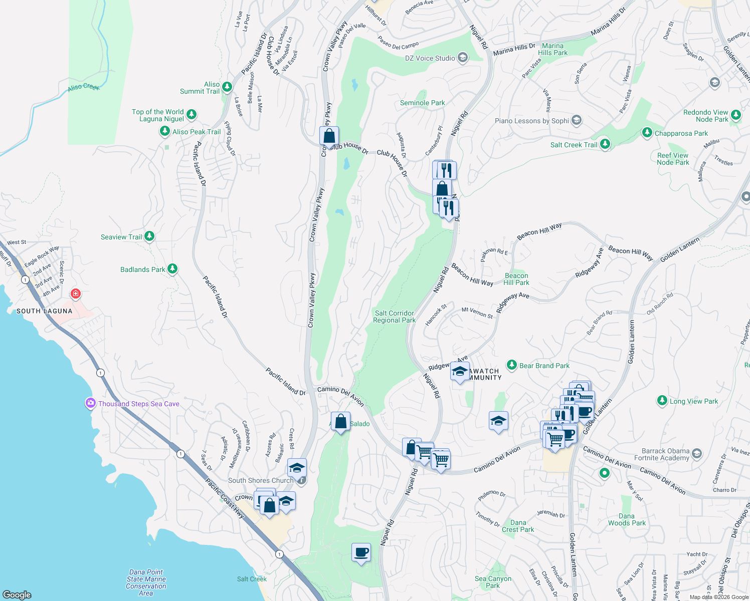 map of restaurants, bars, coffee shops, grocery stores, and more near 42 South Peak in Laguna Niguel