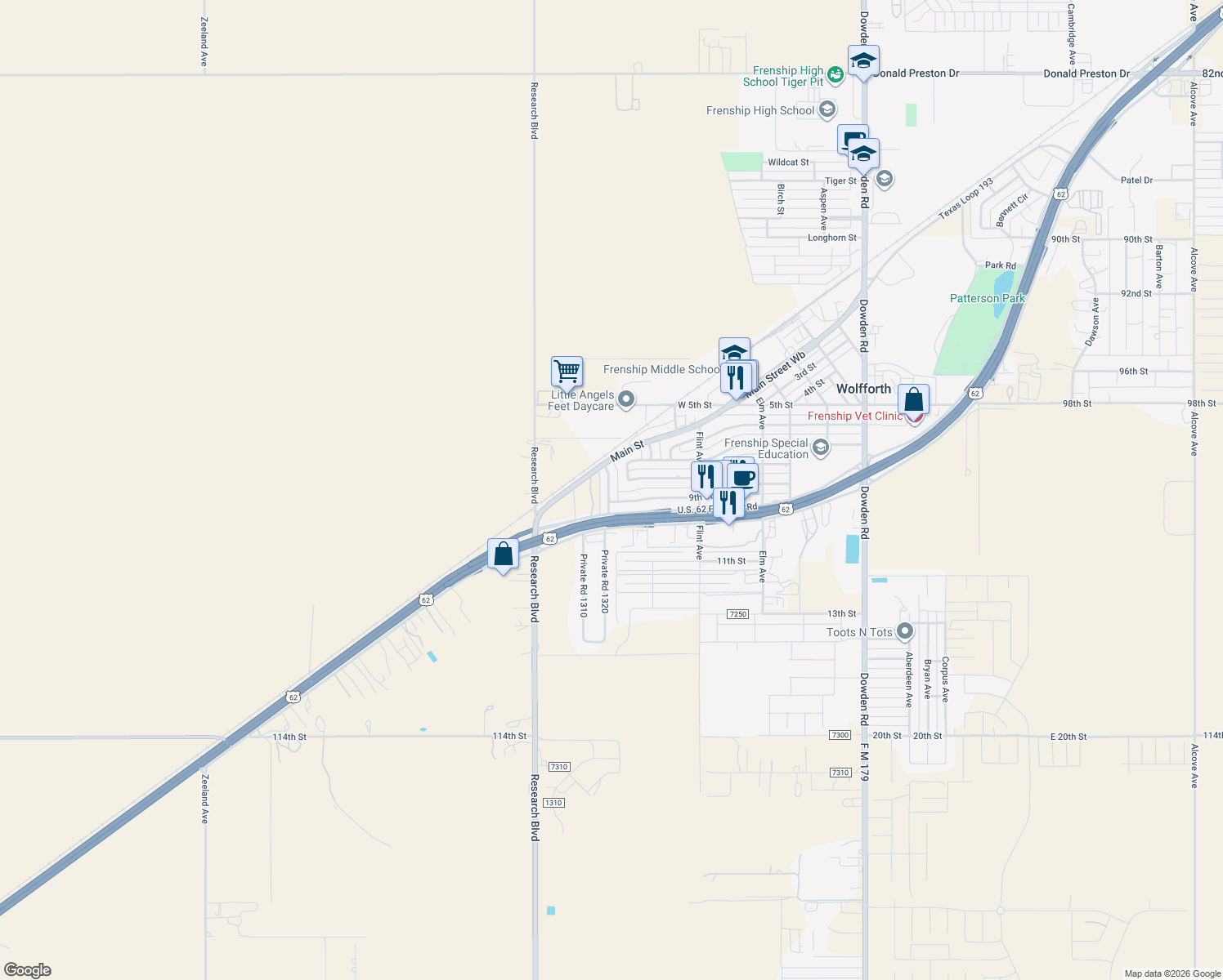 map of restaurants, bars, coffee shops, grocery stores, and more near 713 Indiana St in Wolfforth
