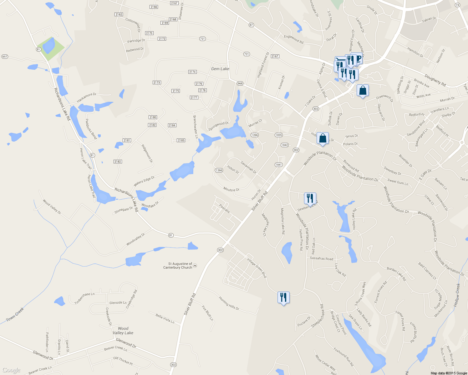 map of restaurants, bars, coffee shops, grocery stores, and more near 1177 Moultrie Drive in Aiken