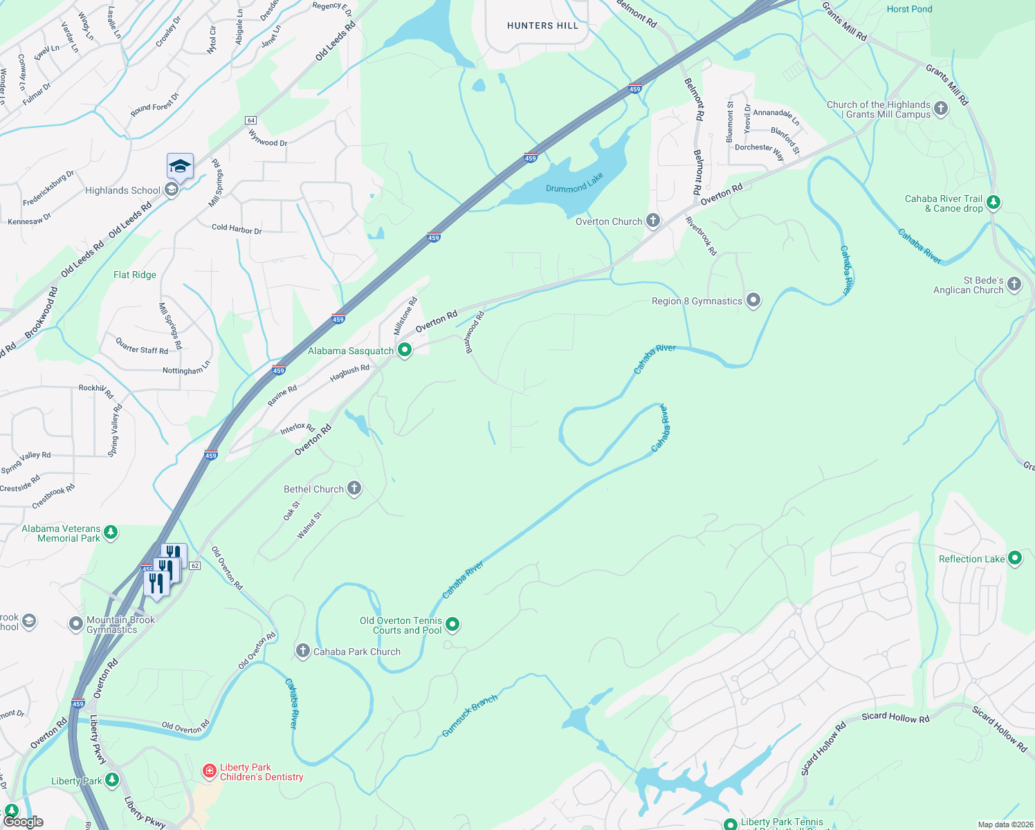 map of restaurants, bars, coffee shops, grocery stores, and more near 4309 Palisades Road in Irondale