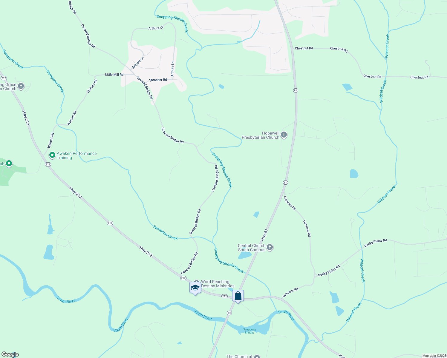 map of restaurants, bars, coffee shops, grocery stores, and more near 498 Covered Bridge Road in Covington