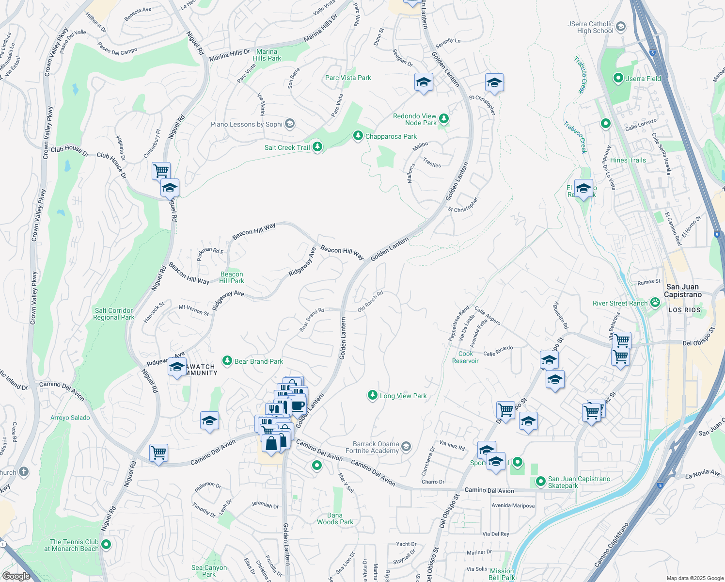 map of restaurants, bars, coffee shops, grocery stores, and more near 36 Cameray Heights in Laguna Niguel