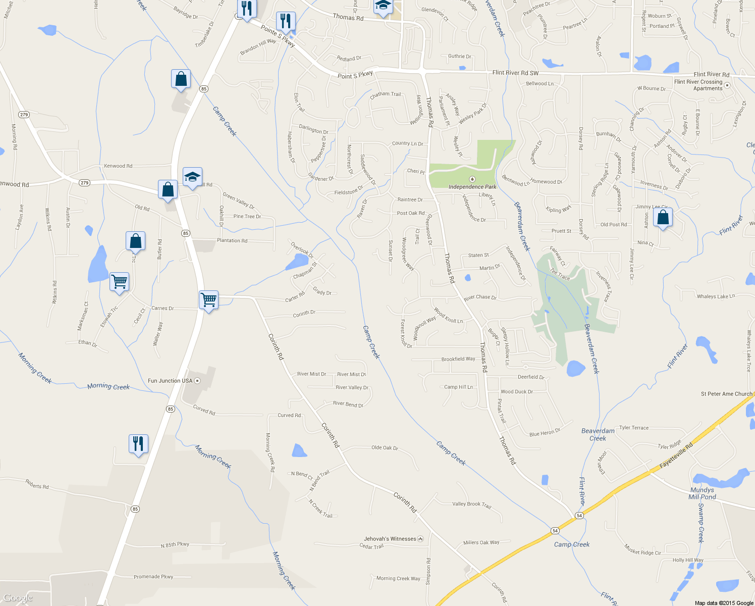 map of restaurants, bars, coffee shops, grocery stores, and more near 646 Woodknoll Court in Jonesboro