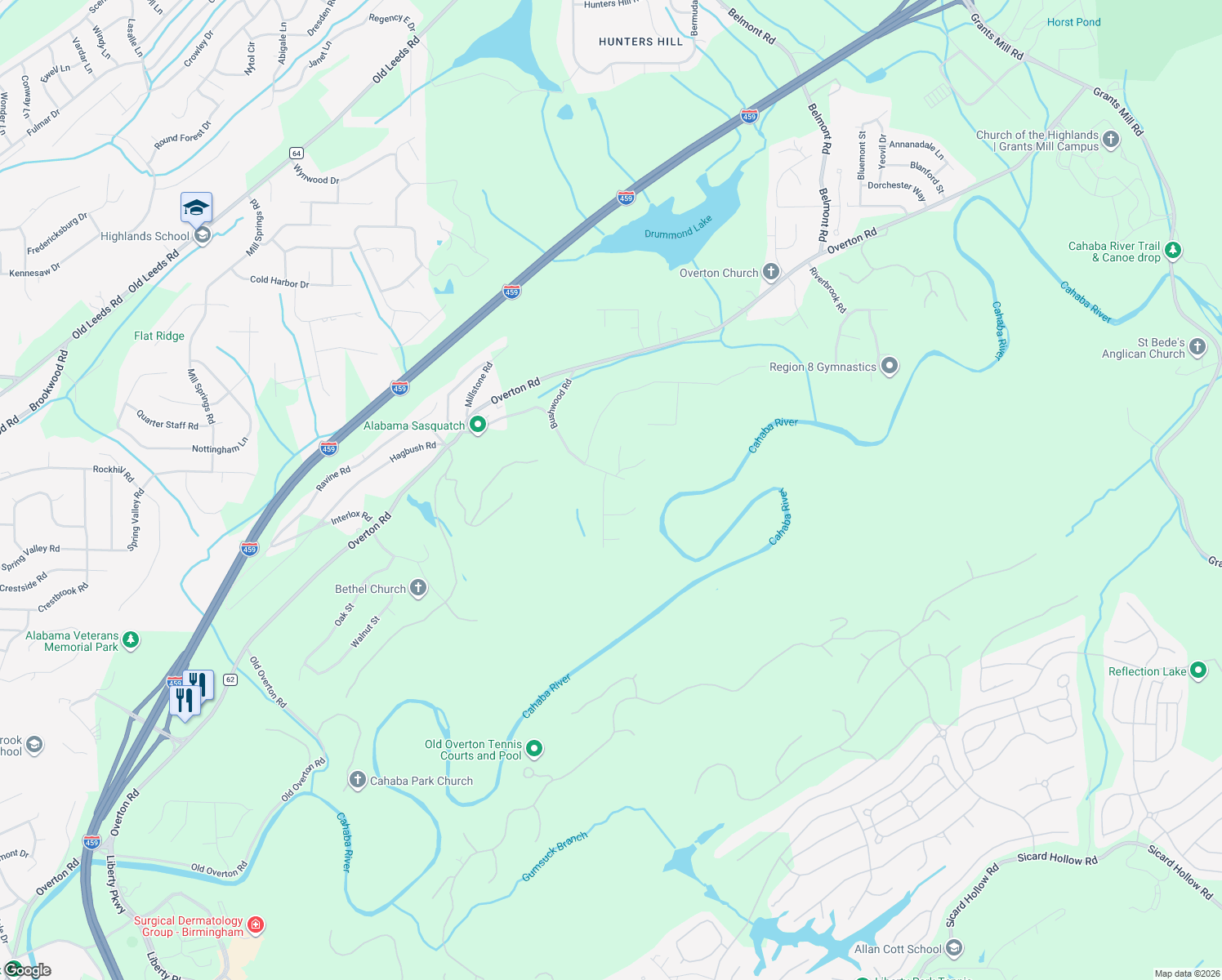 map of restaurants, bars, coffee shops, grocery stores, and more near 4301 Cahaba Cove Road in Birmingham