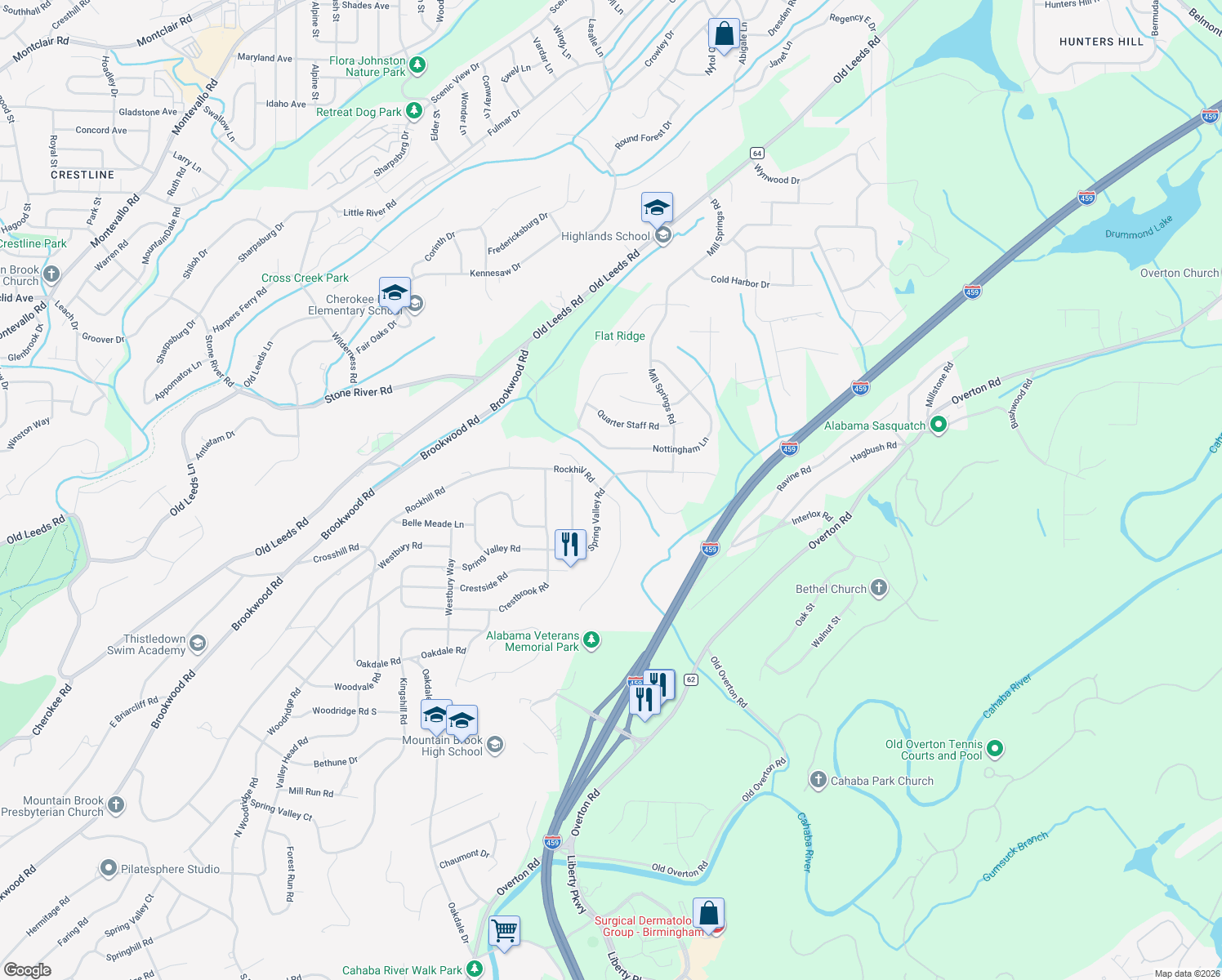 map of restaurants, bars, coffee shops, grocery stores, and more near 3863 Spring Valley Road in Birmingham