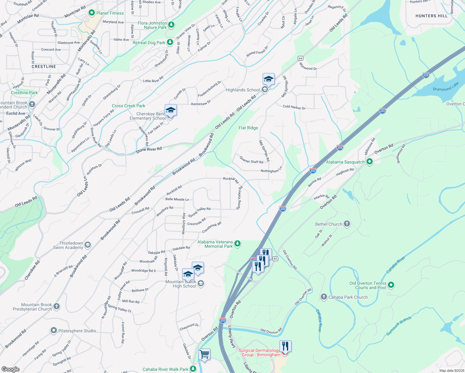 map of restaurants, bars, coffee shops, grocery stores, and more near 3705 Rockhill Road in Birmingham
