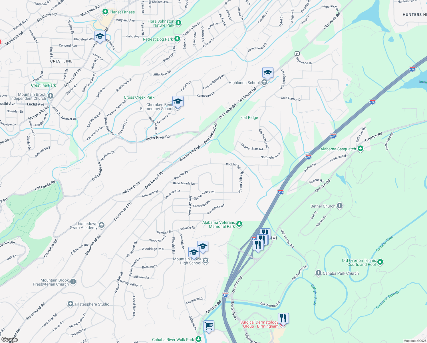 map of restaurants, bars, coffee shops, grocery stores, and more near 3679 Rockhill Road in Birmingham