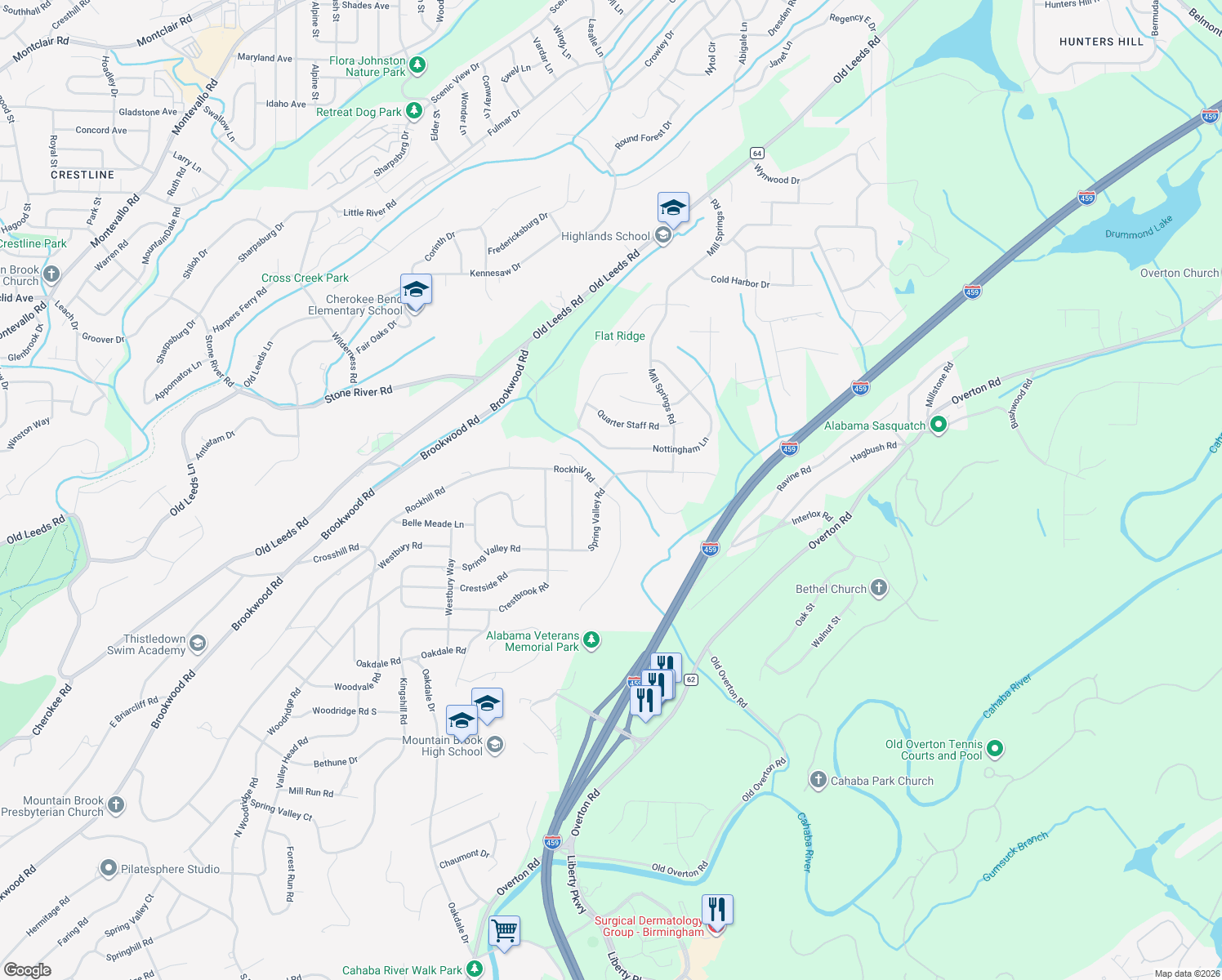 map of restaurants, bars, coffee shops, grocery stores, and more near 3863 Spring Valley Road in Birmingham
