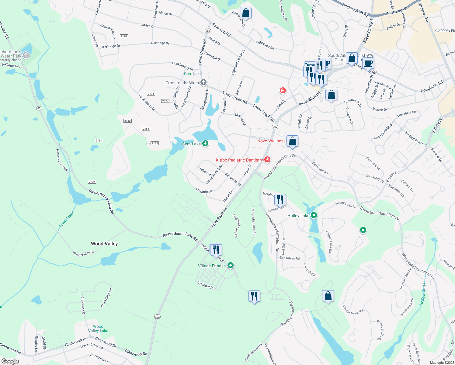 map of restaurants, bars, coffee shops, grocery stores, and more near 1276 Moultrie Dr in Aiken