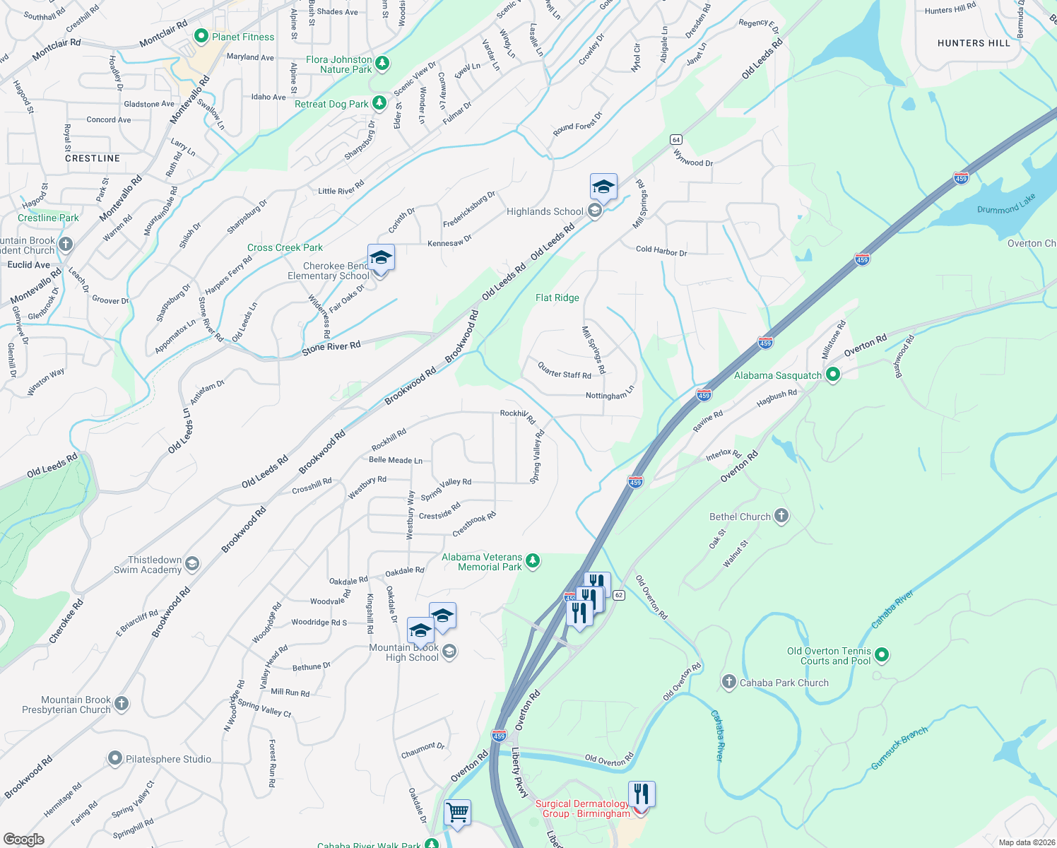 map of restaurants, bars, coffee shops, grocery stores, and more near 3705 Rockhill Rd in Birmingham