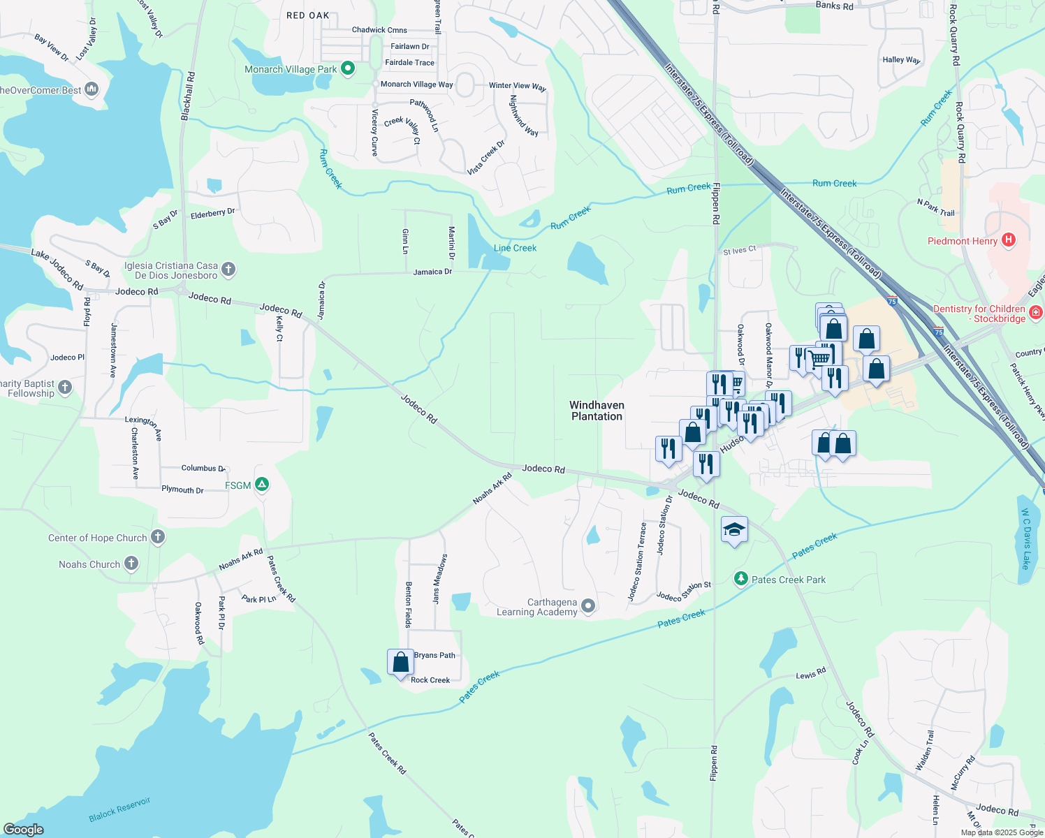 map of restaurants, bars, coffee shops, grocery stores, and more near 50 Oak Leaf Dr in Stockbridge