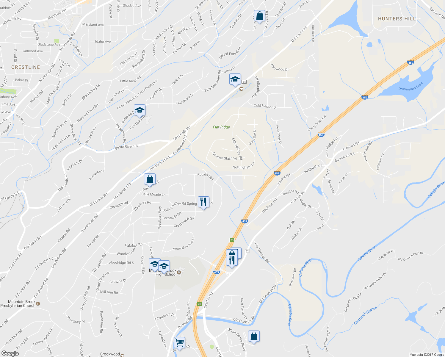 map of restaurants, bars, coffee shops, grocery stores, and more near 3863 Spring Valley Road in Birmingham