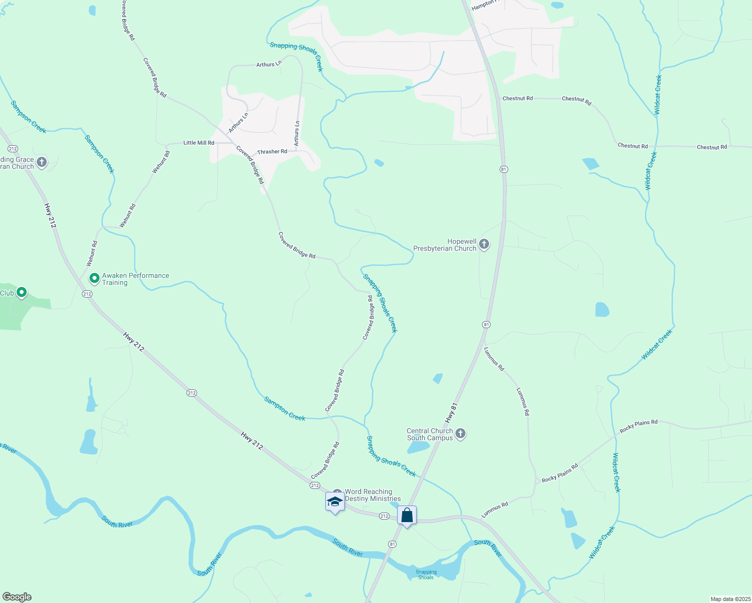 map of restaurants, bars, coffee shops, grocery stores, and more near 498 Covered Bridge Road in Covington