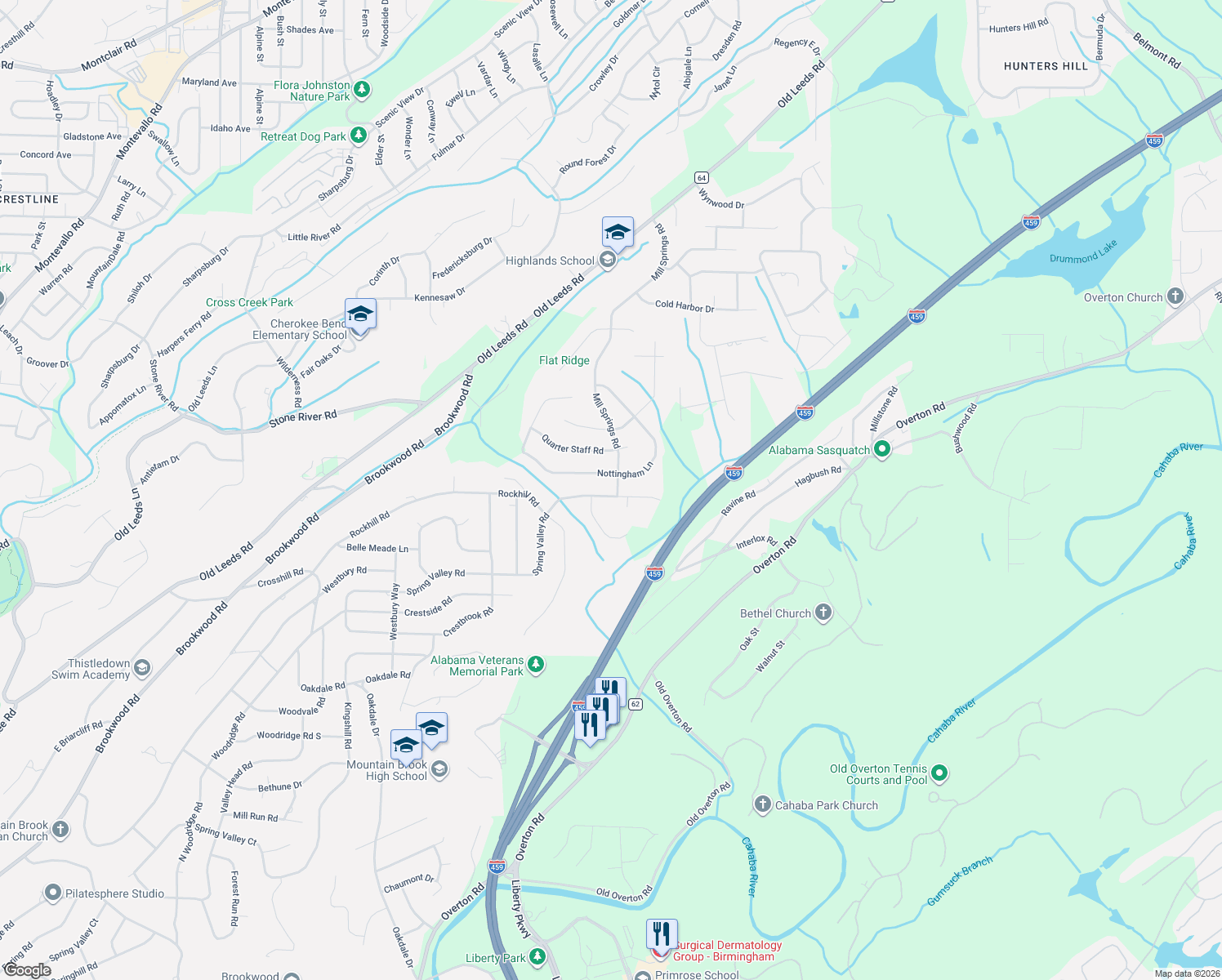 map of restaurants, bars, coffee shops, grocery stores, and more near 3913 Spring Valley Road in Birmingham